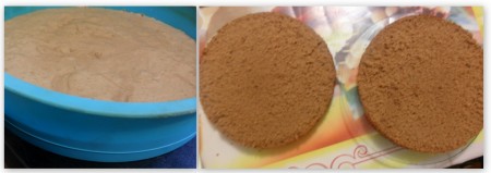 Переливаем в форму (26 см) и выпекаем при температуре 180 градусов 30 минут. Готовый бисквит оставляем на 8 часов в прохладном месте. Его мы разрезаем вдоль на 2 части.