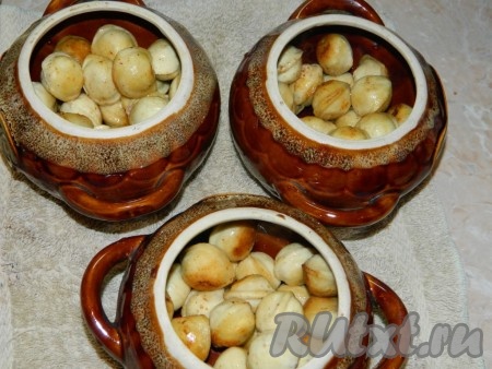 Раскладываем обжаренные пельмени по горшочкам, заполняя горшочки на 2/3 объёма, так как пельмешки ещё увеличатся в объёме в процессе запекания. Я разложила по 3 горшочкам. Даём пельменям немного остыть.