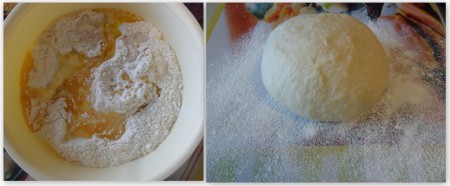 В муку добавить молочную и яичную смесь и замесить тесто.