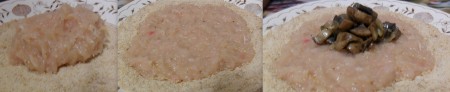 Фарш разделяем на 6 частей (мы будем готовить 6 куриных зраз с грибами). На плоскую тарелку насыпаем панировочные сухари. Берём одну часть фарша, разминаем в лепёшку, выкладываем на панировочные сухари. В середину лепёшки кладём 1 столовую ложку грибов, обжаренных с луком, и плотно заворачиваем фарш, тщательно залепляя края и формируя зразу. Обваливаем зразу в панировочных сухарях со всех сторон. Аналогично формируем все зразы из куриного фарша с грибами.