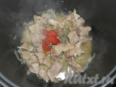 Добавить к мясу томатную пасту, специи для свинины, перемешать.