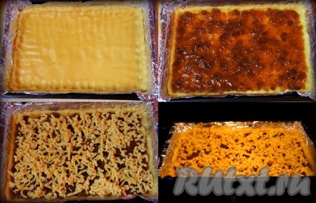 Противень или форму для выпечки застелить пергаментной бумагой (у меня её не оказалось на тот момент, я использовала фольгу), выложить ровным слоем большую часть теста, сформировав небольшие борта. Добавить варенье и распределить его по всему периметру теста. Оставшуюся часть теста натереть на крупной тёрке и распределить поверх варенья. Выпекать венское печенье в разогретой до 180 градусов духовке 20-30 минут (до образования устойчивой румяной корочки).