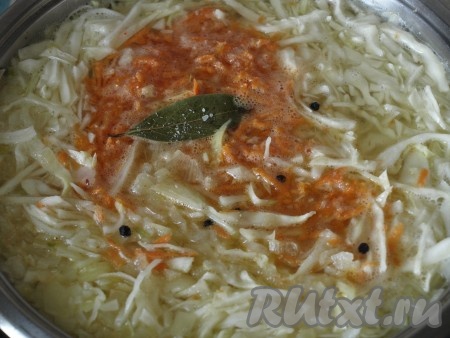 Далее добавить морковь, лавровый лист, чёрный перец, соль, снова дать закипеть, а затем варить луковый суп с капустой на небольшом огне 15 минут.