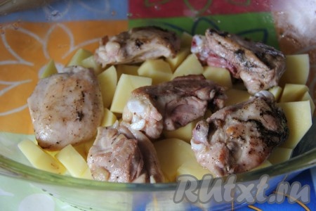 В форму для запекания выкладываем половину порезанного картофеля и слегка его солим, затем наше мясо.
