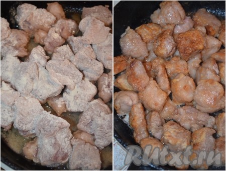 Затем маринад слить (не выливать), обвалять мясо в муке, обжарить на масле до золотистой корочки на сильном огне. Затем сложить в казан.