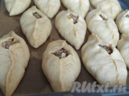 На противень, застеленный бумагой для выпечки, на небольшом расстоянии друг от друга выкладываем расстегаи, накрываем полотенцем и оставляем "отдохнуть" минут&nbsp;на 15-20. Затем смазываем яйцом, в отверстие вливаем по 2 столовых ложки мясного бульона. Ставим мясные расстегаи на 25-30 минут в духовку, разогретую до 200 градусов.