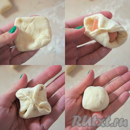 Каждый кусочек теста слегка раскатать, в центр положить кусочек сосиски, свернуть в клубочек, как на фото.