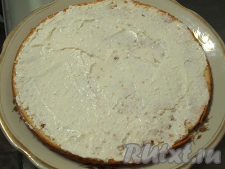 Творог, сметану, сливки, загуститель и сахар взбиваем блендером. Крем для торта получится достаточно густым. Вишнёвый сок, смешанный с коньяком (коньяк можно и не добавлять), станет прекрасной пропиткой для нашего торта.&nbsp; Пропитываем первый корж, смазываем кремом, кладём второй корж, пропитываем и снова смазываем кремом.
