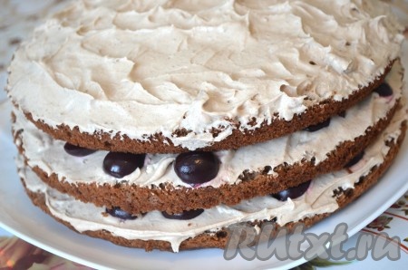 Собрать торт, выложив один на другой коржи, смазанные кремом. Отправить торт в холодильник для пропитки на несколько часов.