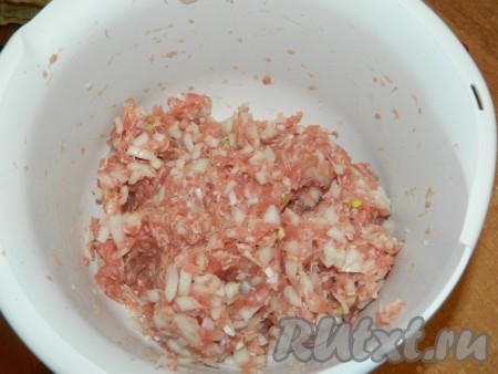 К получившему фаршу из свинины добавить соль, приправы, чёрный молотый перец, нарезанный лук, тщательно перемешать и начинка для чебуреков готова.