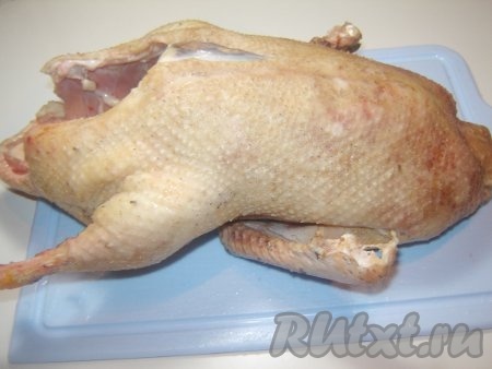 Тушку домашней утки очистить, удалить все внутренности, хорошо промыть под проточной водой и просушить. Натереть тушку солью и специями.