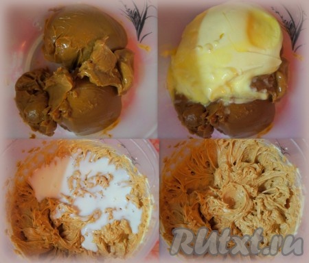 Приготовим крем. В глубокую ёмкость добавить варёное сгущенное молоко, размягченное сливочное масло комнатной температуры, взбить 1 минуту, добавить холодное молоко и взбивать ещё около 2-3 минут. Крем для пирожных "Муравейник" готов.
