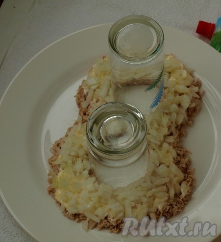 Вторым слоем выкладываем половину лука.
