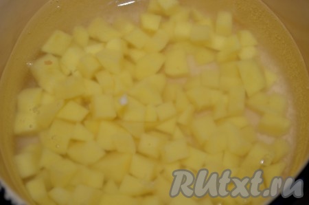 Воду вскипятить. Опустить туда порезанный картофель, посолить немного. Варить почти до готовности.