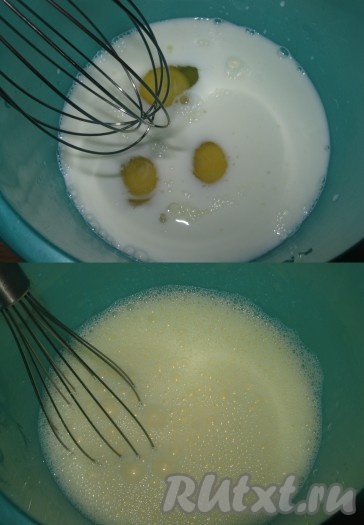 В глубокой широкой миске соединить часть молока, сахар, соль, растительное масло и яйца, все тщательно перемешать венчиком на низкой скорости блендера или обычным ручным венчиком.
