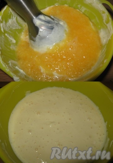 Затем добавить пюре апельсина и снова все пробить блендером. Должна получится полугустая однородная масса, нежно-желтого цвета.
