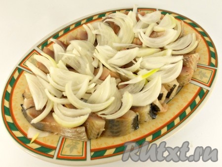 Очищенный лук нарезать на тонкие полукольца, выложить поверх селёдки.