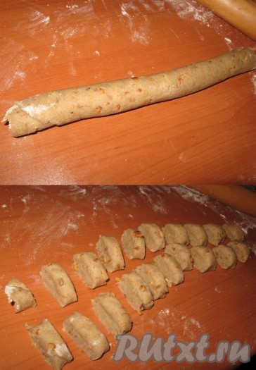 Скатать его в колбаску, разрезать ее на части толщиной 5-7 мм.
