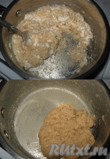 Тщательно перемешивая вилкой, заварить тесто, как только оно начнет отставать от стенок, снять с огня и охладить до 40 градусов.
