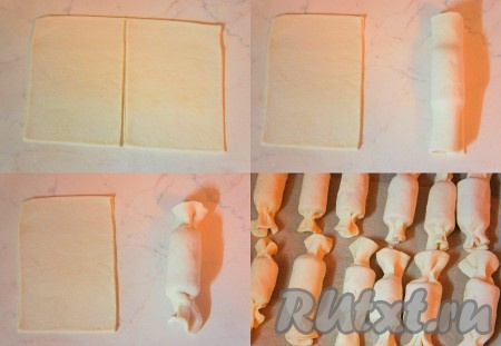 На присыпанном мукой столе раскатать тесто до толщины 0,3-0,5 сантиметров и разрезать на квадраты размером примерно 7 сантиметров на 7 сантиметров. На край каждого квадрата выложить кусочек сосиски и, начиная с этой стороны, свернуть тесто с сосиской в рулет, затем перекрутить края рулета, у нас получится заготовка, похожая на конфету.