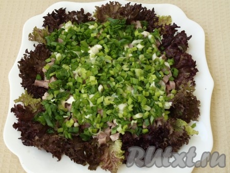 Ветчину посыпаем порезанным зелёным луком.
