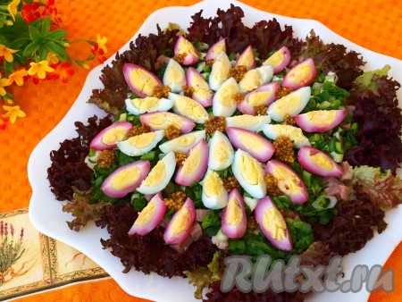 Достаём перепелиные яйца из капусты и свеклы. Каждое яичко разрезаем на 4 части и размещаем все порезанные яйца на зелёный лук. Произвольно выкладываем французскую горчицу. Наш красавец-салат "Фейерверк" готов!
