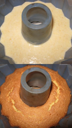 Массу выложить в форму для запекания (у меня силиконовое кольцо, если обычная, то смазать сливочным маслом или застелить пергаментом), разровнять и поставить в заранее разогретую до 190 градусов духовку, выпекать 40 минут (готовность проверять деревянной палочкой - проткнуть кекс, если палочка выходит сухая - готов).
