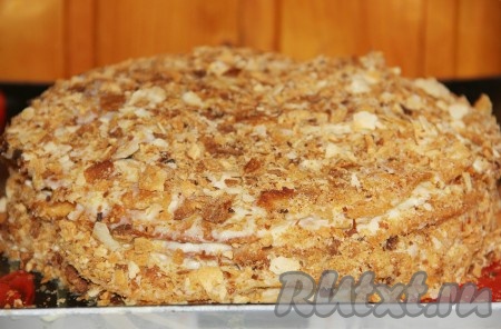 Каждый готовый корж разрезать ножом вдоль на две части. Таким образом у нас получатся 8 коржей. Собрать торт "Наполеон", промазывая заварным кремом "Пломбир" каждый корж. Бока и верх тоже смазать кремом. Обрезки коржей измельчить в крошку и этой крошкой обсыпать торт сверху и с боков.