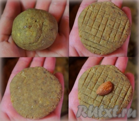 Из небольшого кусочка теста скатайте шар, прижмите рукой и сделайте из него лепёшку, при желании сформуйте поровнее края и сделайте "узор" на печенье с помощью широкого ножа. Украсьте фитнес-печенье орехами, тыквенными семечками.
