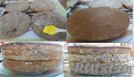 Таких пирогов у нас будет 2.&nbsp;Каждый остывший пирог разрезать вдоль пополам. Каждый пропитать молоком.&nbsp;Начинаем собирать: первый корж смазываем сгущенкой, как и другие. Выравниваем коржи с помощью ножа, обрезаем лишнее.
