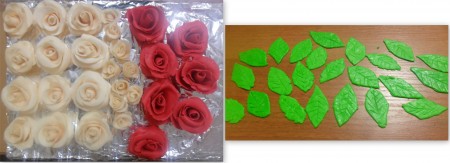 Также поступаем и с красными розами, и с листочками, только пищевой краситель добавляем сразу же перед замесом мастики. Листочки вырезаем специальными вырубками или ножом. Прожилки делаем зубочисткой.
