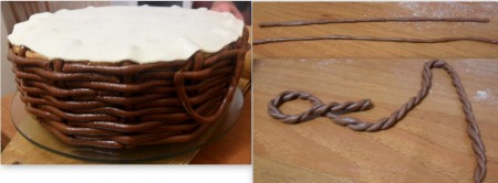 Теперь "плетем" второй ряд. Для этого мы делаем все тоже самое, но со сдвигом на одну вертикальную полоску. Т.е. теперь мы оплетаем каждый четный вертикальный прут. Третий ряд плетем, как первый, четвертый -  как второй, и так чередуя плетем до самого верха, не забывая класть ряды с одинаковой плотностью. Сделаем немного мастики белого цвета для «скатерти» под розочки. Теперь нам нужно для окантовки края сплести либо косичку, либо "веревочку".