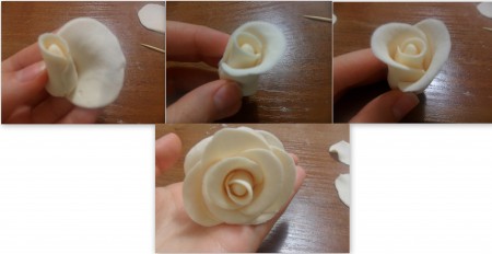 Следующий лепесток будет немного заходить на первый. И так продолжаем, пока не получится розочка, объемом, который вы захотите. Для того, чтобы она не потеряла форму, когда засыхала, положите их в лоток из-под яиц, закрыв ячейки фольгой.
