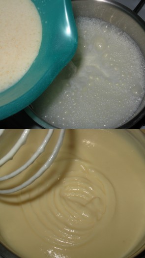 Оставшиеся 250 миллилитров молока вылить в небольшую кастрюльку (или ковшик), поставить на огонь и довести до кипения, затем огонь сделать минимальным. Тонкой струйкой, непрерывно перемешивая венчиком, в чуть кипящее молоко влить смесь молока, яиц и муки. Постоянно помешивая венчиком, довести заварную до загустения, снять с огня.