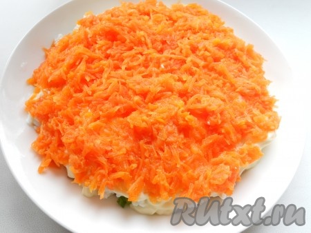 Далее - слой натертой на средней терке моркови + майонез.