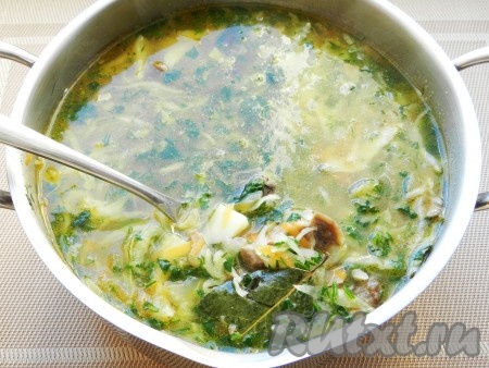 Выложить в бульон картофель и капусту, добавить лавровый лист и варить примерно 10 минут до готовности картошки. В конце приготовления добавить в кастрюлю мелко нарезанную зелень петрушки и укропа.