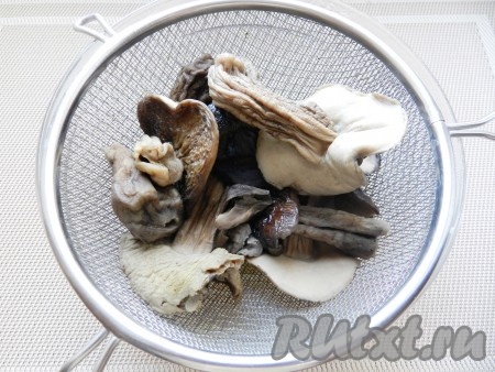 Сухие грибы промыть, замочить в воде на несколько часов (можно на ночь). Затем воду слить, залить чистой водой и поставить варить. После закипания уменьшить огонь и варить грибы около 30 минут. Откинуть грибы на дуршлаг, бульон процедить и сохранить.