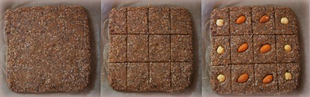 Духовку разогреть до 200 градусов. Противень застелить бумагой для выпечки. Ровным слоем выложить тесто для печенья в форме прямоугольника или квадрата. Сформировать края (удобно использовать при этом широкий нож) и разровнять поверхность. Сделать небольшие разметочные надрезы на поверхности теста, украсить каждое печенье орешком.
