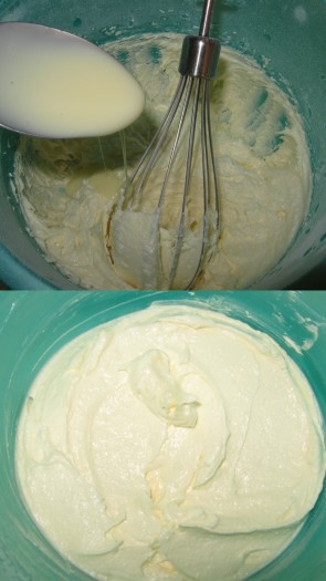 Затем, не переставая взбивать, добавить сгущенку, буквально, по 1 столовой ложке, тщательно взбивая после каждой. Крем взбить до однородной, эластичной консистенции. 