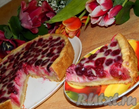 Сметанная заливка с ягодами в процессе остывания хорошо стабилизируется, поэтому этот творожный пирог отлично нарезается на кусочки.