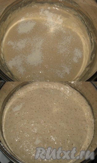 Поверхность чуть присыпать мукой, кастрюлю накрыть полотенцем или крышкой и поставить в теплое место на 1 час, масса должна подняться, запузыриться , т.е. будет идти процесс брожения.
