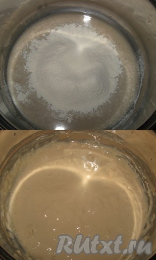 Затем всыпать полстакана просеянной муки (примерно 70 грамм), перемешать.
