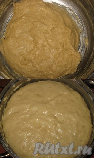Затем постепенно всыпать остатки просеянной муки, замесить мягкое, липнущее к рукам тесто, оставить его в кастрюле, накрыть полотенцем и поставить в теплое место на 1 час. Тесто должно увеличиться в 2-2,5 раза.
