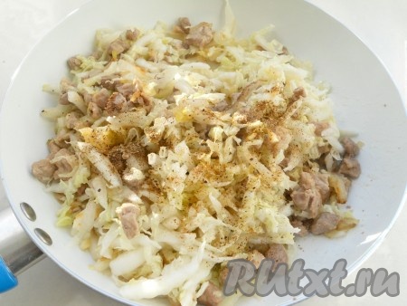 На растительном масле обжарить порезанный репчатый лук и свинину. Когда испарится мясной сок, добавить капусту, посолить, поперчить, добавить кориандр. Хорошо перемешать, потушить минуты 3 и выключить газ. Дать остыть. Начинка готова!
