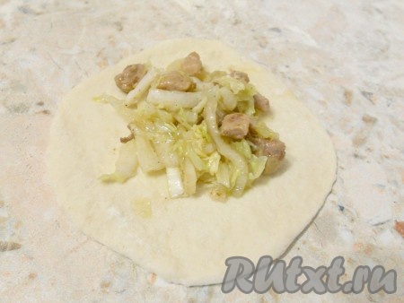 Каждый шарик раскатать в небольшую лепешку, в середину поместить 1 столовую ложку начинки.
