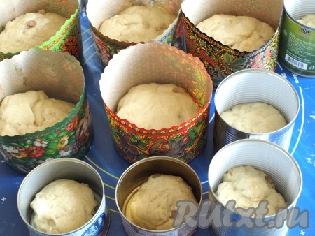 Подготовить формы: дно и стенки форм проложить пергаментом или использовать готовые бумажные формы. Тесто ещё раз вымесить и выложить в формы на 1/3, поставить в тёплое место и дать ему подойти до верха. На это уйдёт 1-1,5 часа - всё будет зависеть от температуры в помещении.