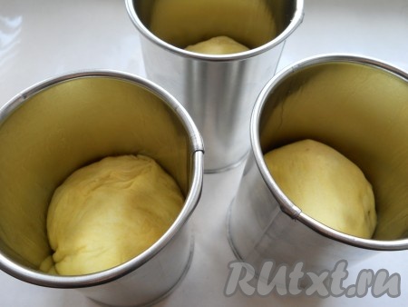 Подошедшее тесто обмять, разложить по небольшим формочкам для выпечки, смазанным растительным маслом, заполняя формы на 1/3 объёма.
