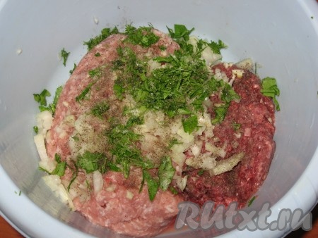 Лук, чеснок очистить и мелко нарезать, зелень вымыть и мелко порубить - все добавить к фаршу, посолить, поперчить и тщательно перемешать.

