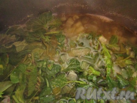 Добавьте в суп лук, крапиву и щавель. Посолите. Варите ещё 5-10 минут.

