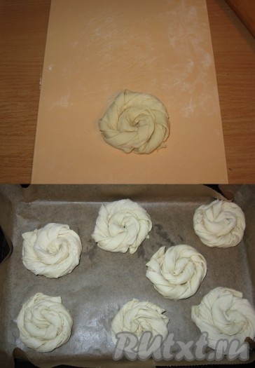 Завернуть рулетик в "улиточку" и уложить на противень, застеленный пергаментом. Так сформировать все "улиточки".